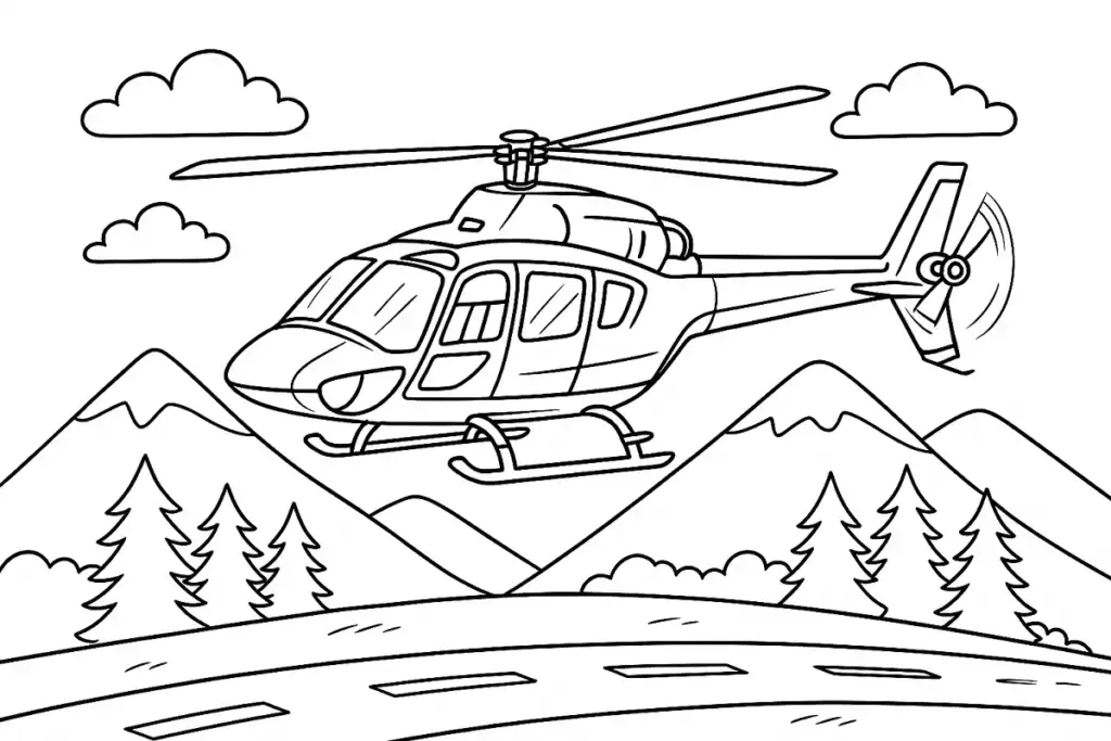 Omalovánka vrtulník – helikoptéra letící nad horami a silnicí, vhodná k vybarvení pro děti.