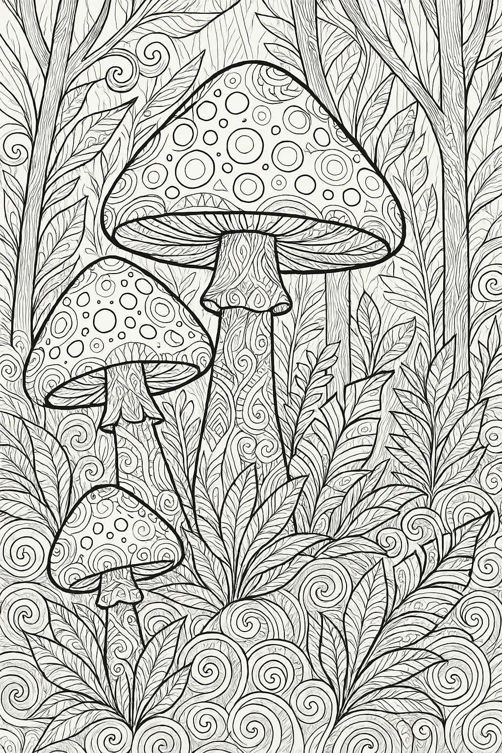 Omalovánka antistres houby – detailní ilustrace lesních hub s ornamenty pro relaxaci