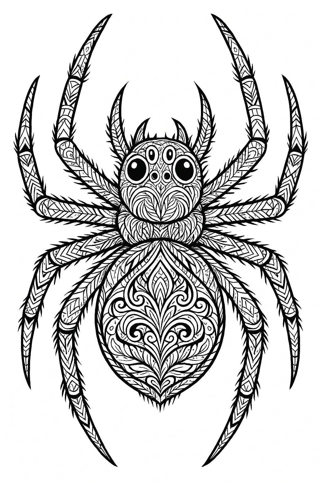 Černobílá antistresová omalovánka pavouka s detailními ornamenty.