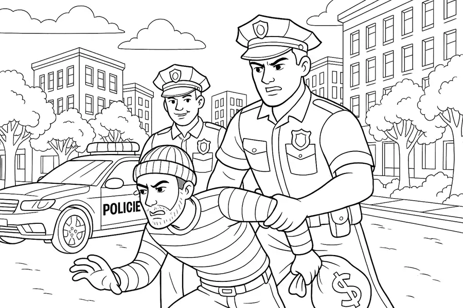 Omalovánka policisté – dva policisté zatýkají zloděje v městském prostředí před policejním autem