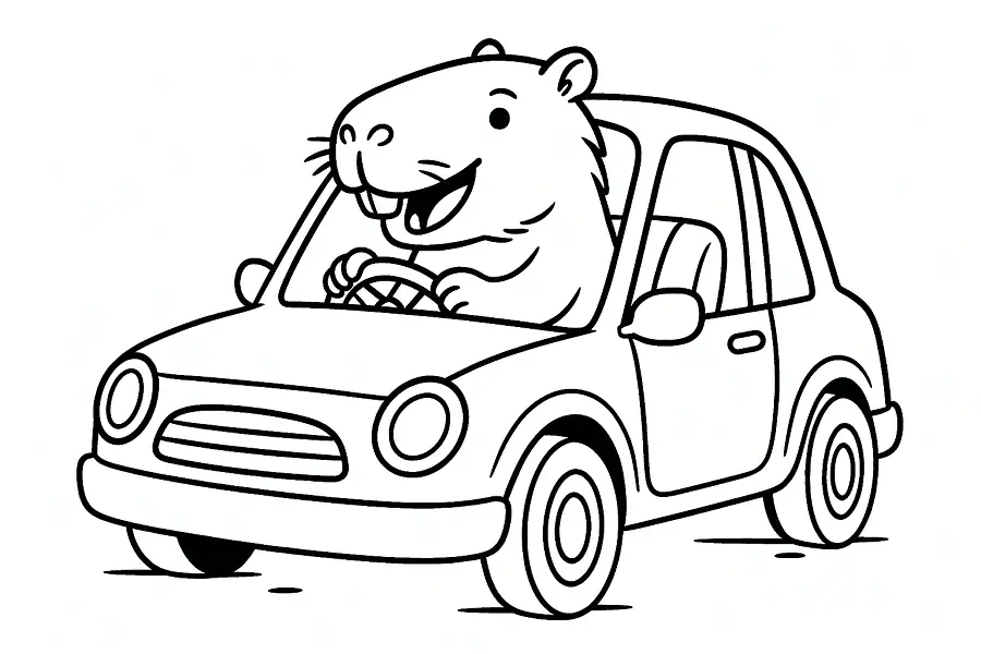 Veselá kapybara řídící auto – omalovánka pro děti.