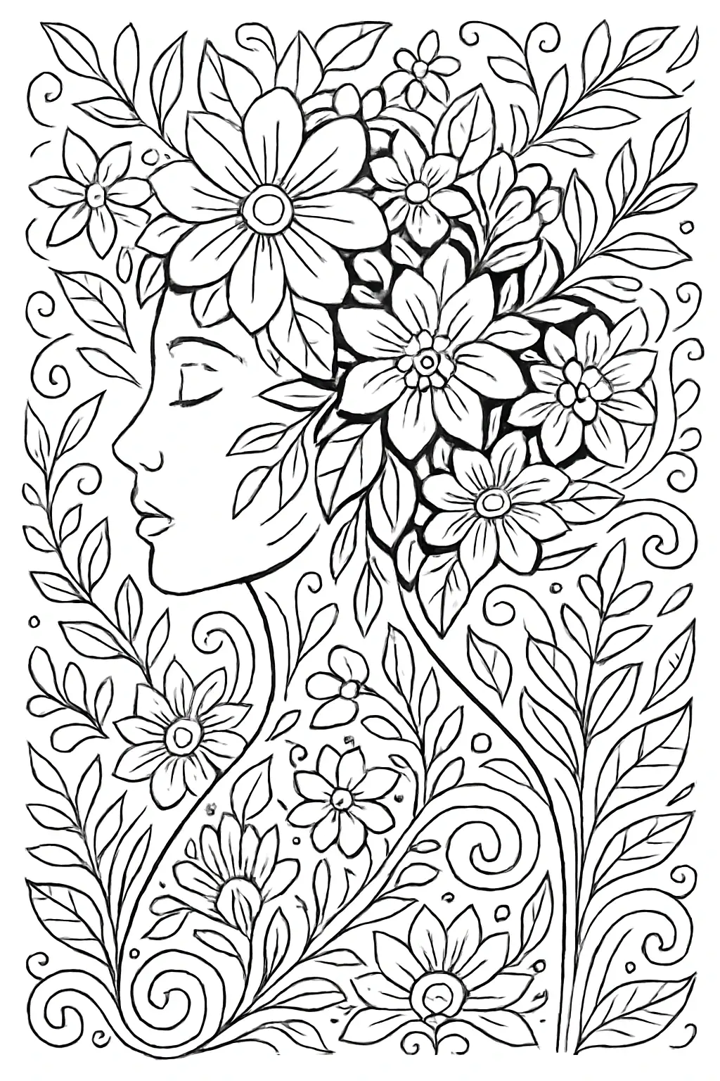 Černobílá omalovánka ženy s květinovým vzorem a ornamenty k vybarvení pro dospělé