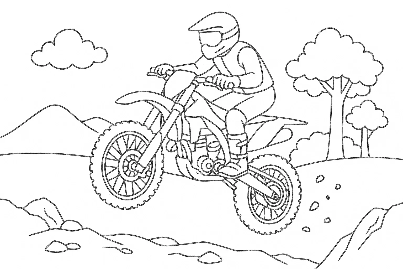 Černobílá omalovánka enduro motorky ve výskoku, vhodná pro větší děti. Obrázek s čistými konturami ve formátu A4 na šířku.