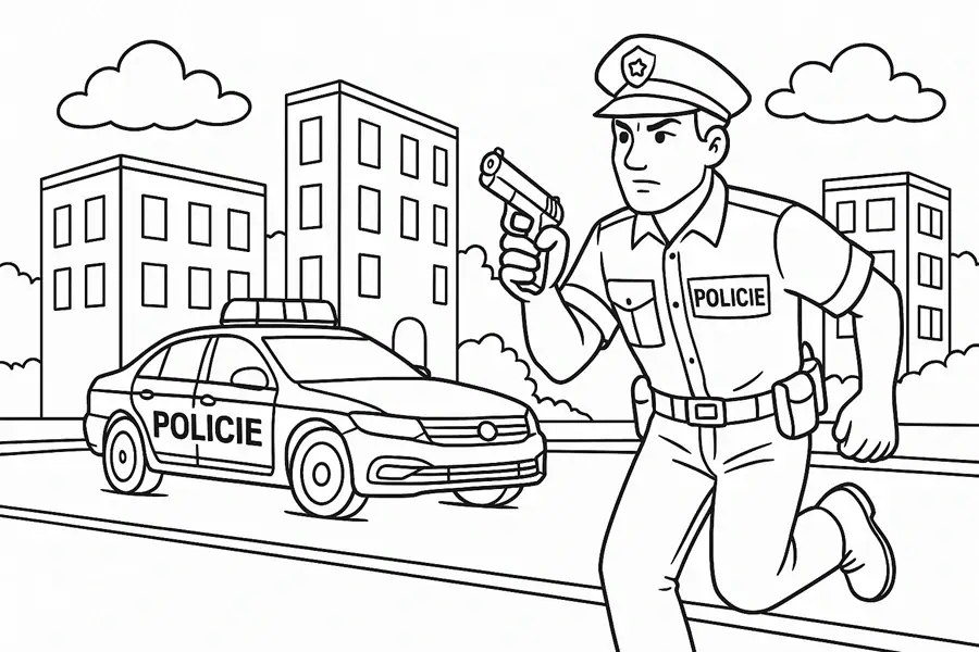 Omalovánka policista – ozbrojený policista v akci před policejním autem ve městě