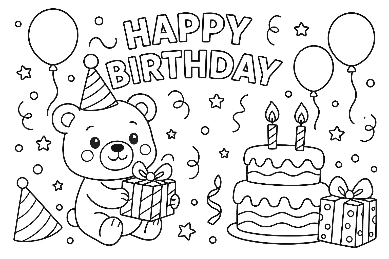 Omalovánka s medvídkem, narozeninovým dortem a nápisem Happy Birthday