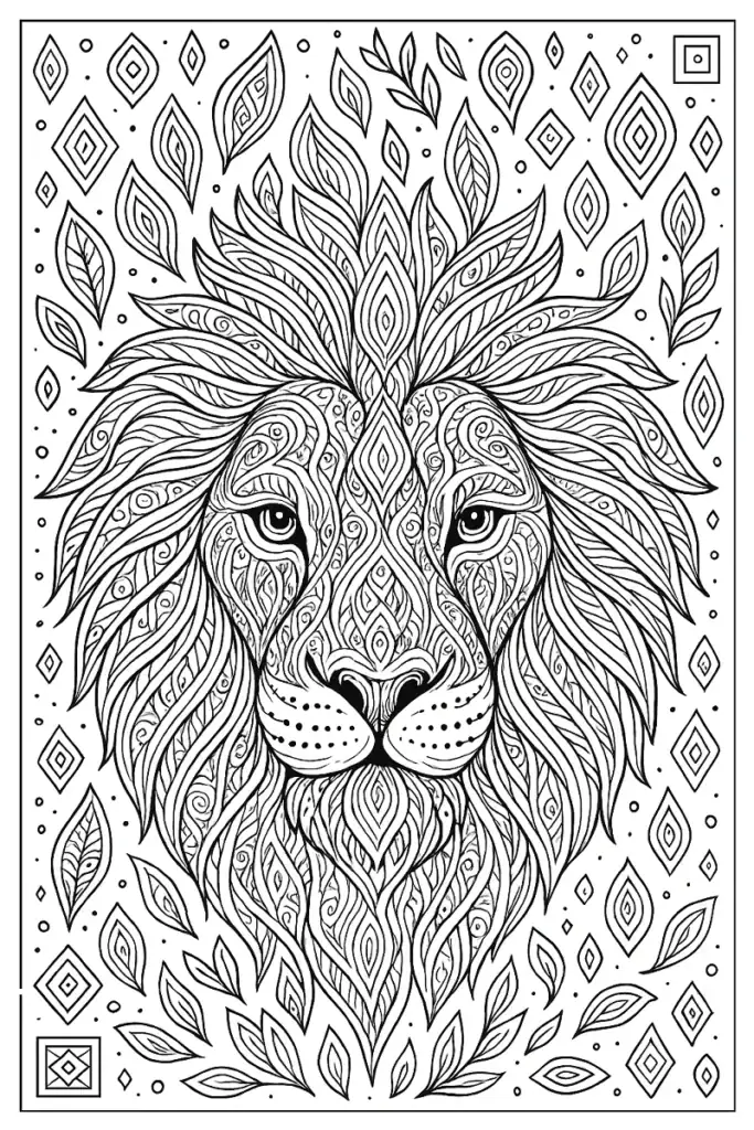Omalovánka ornament lev – detailní hlava lva s ornamenty k vybarvení