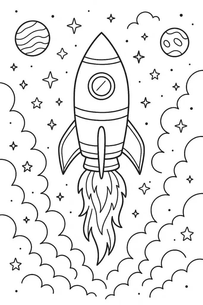 Omalovánka raketa – černobílý obrázek vesmírné rakety s planetami a hvězdami