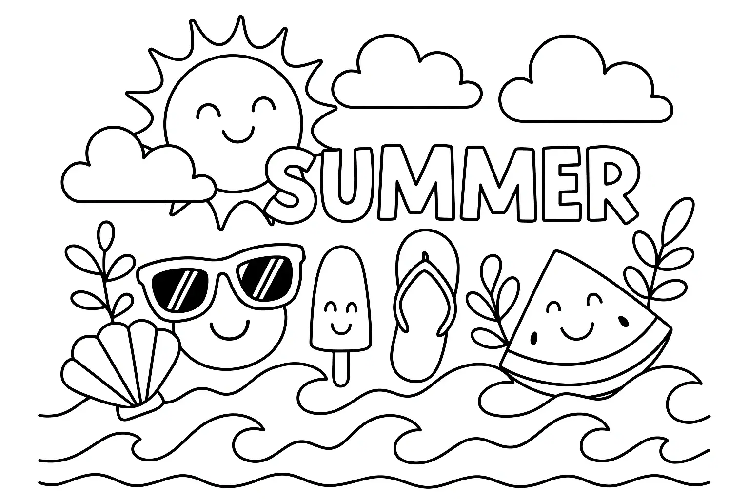 Letní omalovánka s nápisem "summer", sluncem a prázdninovou náladou