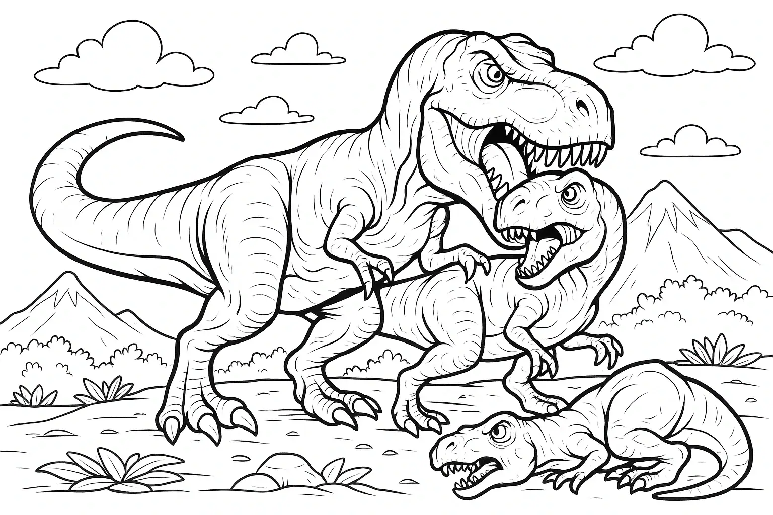 Omalovánka pro děti s motivem útočícího dinosaura T-Rexe v prehistorické krajině