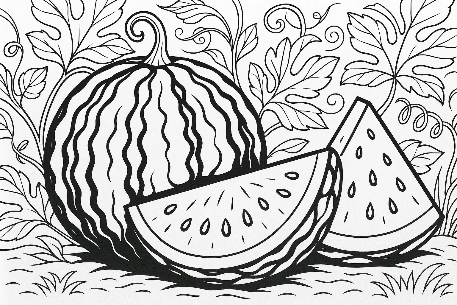 Detailní omalovánka s motivem vodního melounu – černobílá ilustrace k vybarvení