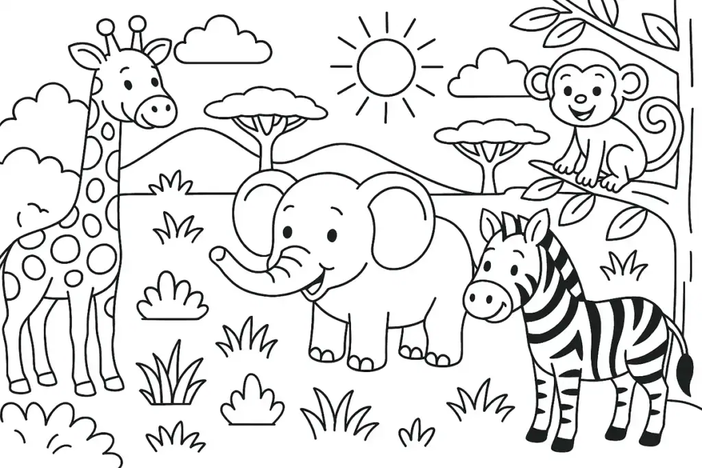 Omalovánka zvířátka safari – slon, žirafa, zebra a opička v africké přírodě