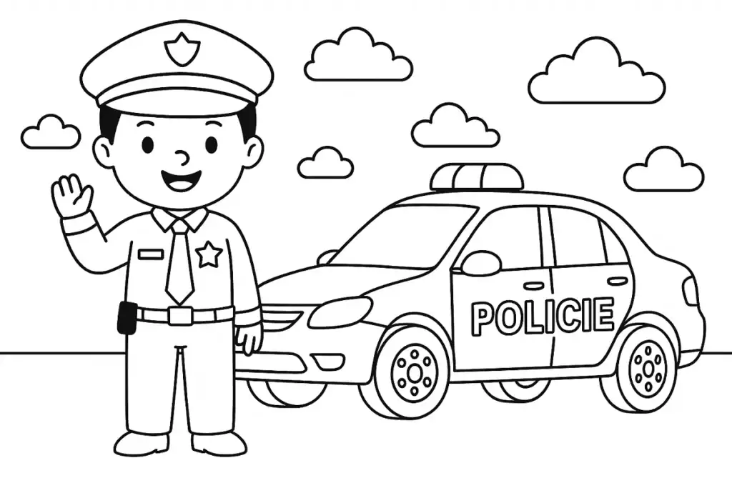 Omalovánka policista – usměvavý policista s policejním autem k vybarvení