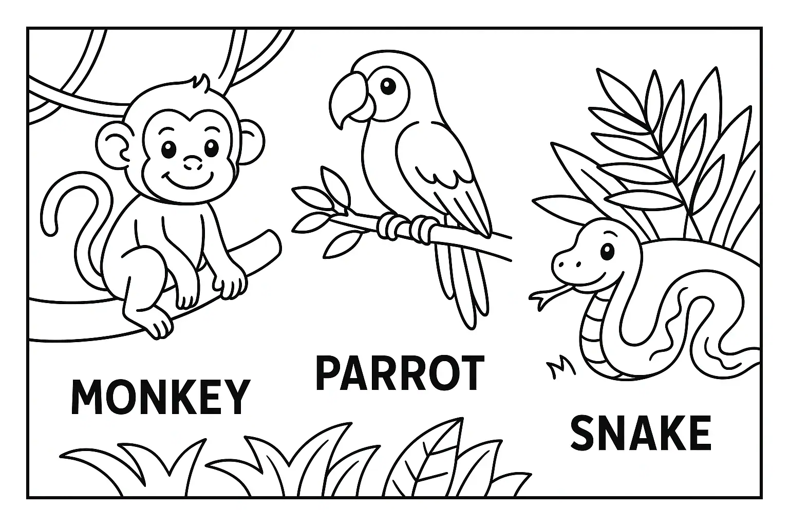 Dětská omalovánka s opicí, papouškem a hadem v džungli. Anglické nápisy MONKEY, PARROT, SNAKE.