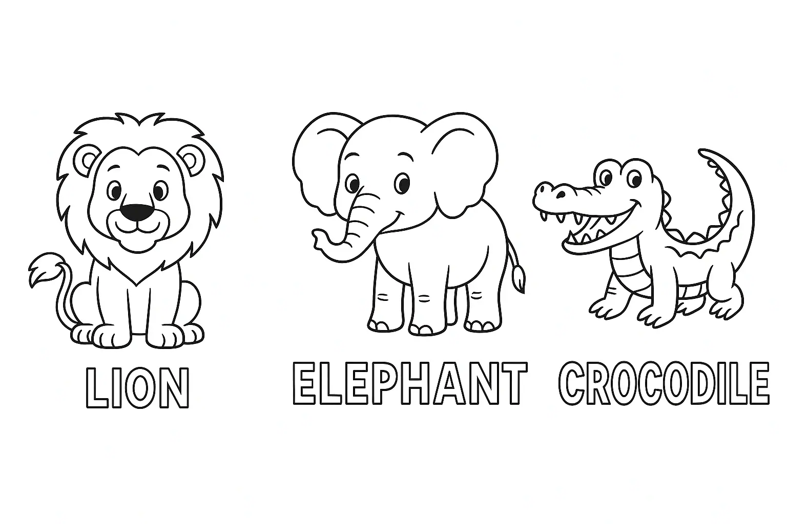 Omalovánka safari zvířat pro děti – lev, slon a krokodýl s anglickými popisky LION, ELEPHANT, CROCODILE.