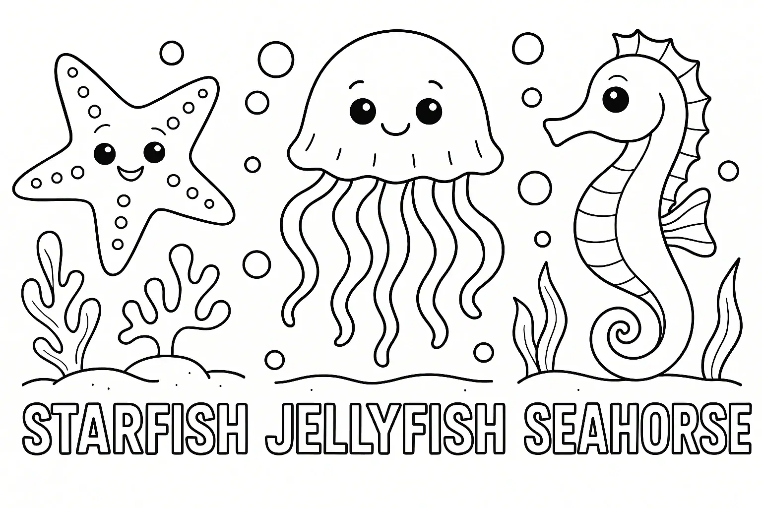 Dětská omalovánka s hvězdicí, medúzou a mořským koníkem v moři, doplněná anglickými nápisy STARFISH, JELLYFISH, SEAHORSE.