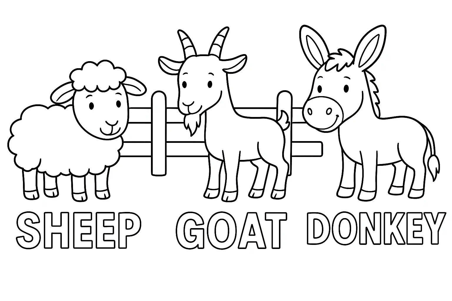Omalovánka domácích zvířat – ovce, koza a osel v ohradě s anglickými nápisy SHEEP, GOAT a DONKEY určená pro děti.