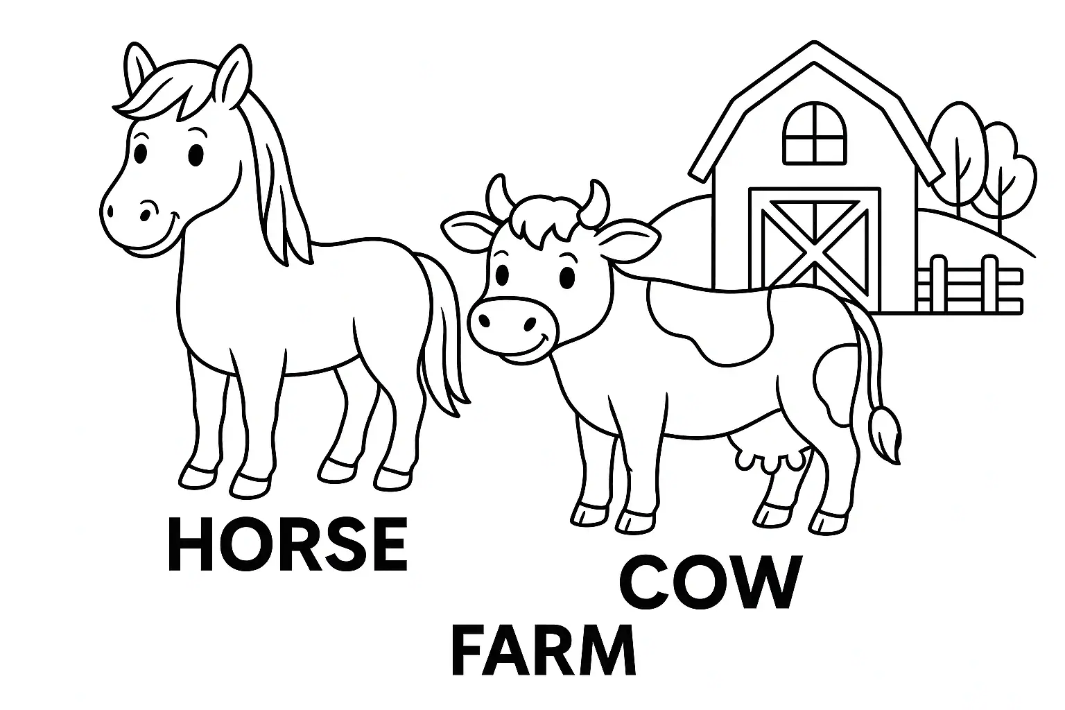 Omalovánka s anglickými názvy HORSE, COW a FARM – obrázky koně, krávy a farmy v jednoduché černobílé lince.