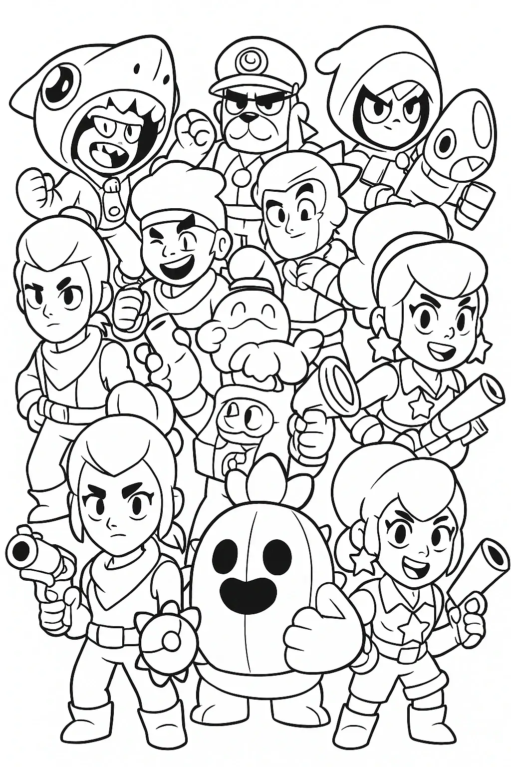 Černobílá omalovánka postav ze hry Brawl Stars, vhodná pro vybarvování, formát A4 na výšku.