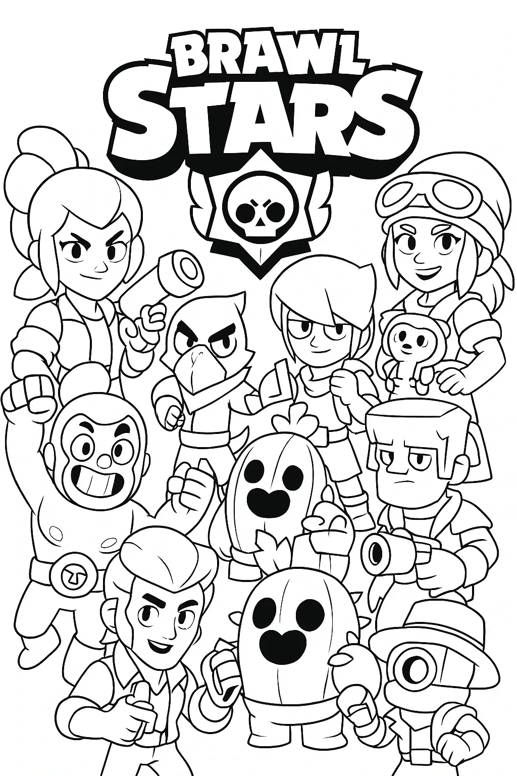 Černobílá omalovánka postav z Brawl Stars pro starší děti ve formátu A4 na šířku