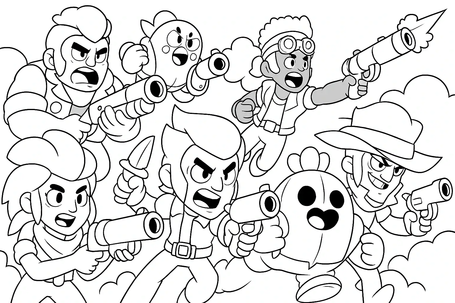 Skupina postav z Brawl Stars v bojové scéně – černobílá omalovánka pro starší děti