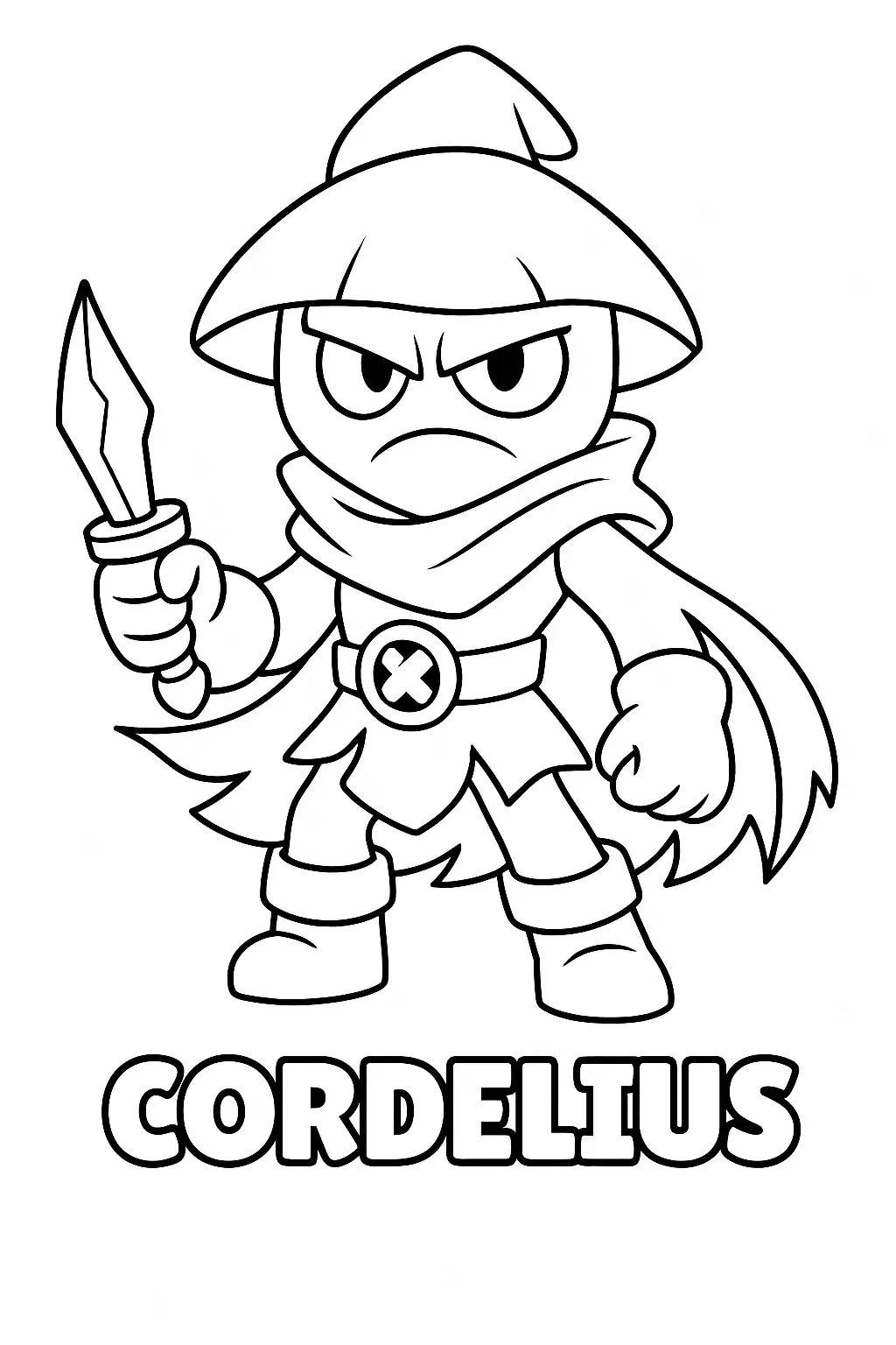 Černobílá omalovánka postavy Cordelius ze hry Brawl Stars