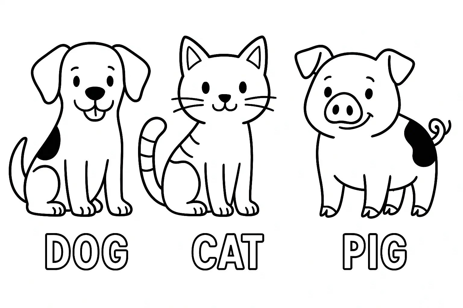 Černobílá omalovánka s obrázky psa, kočky a prasete a anglickými nápisy DOG, CAT, PIG