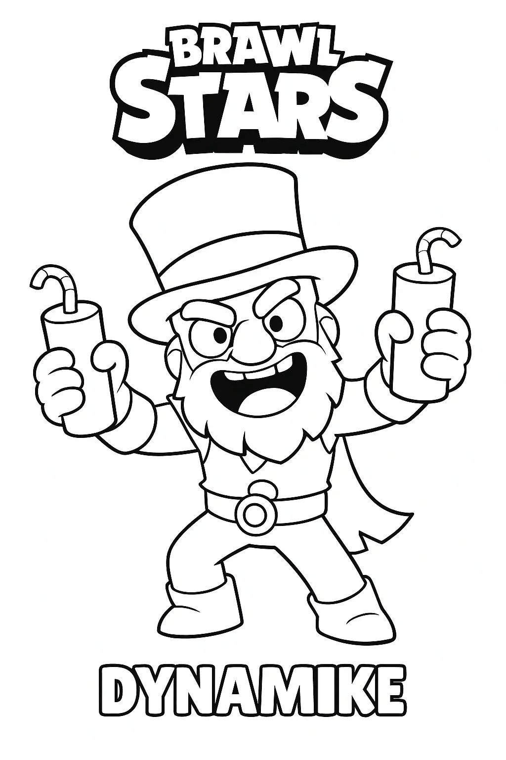 Černobílá omalovánka postavy Dynamike ze hry Brawl Stars, připravená k vybarvení