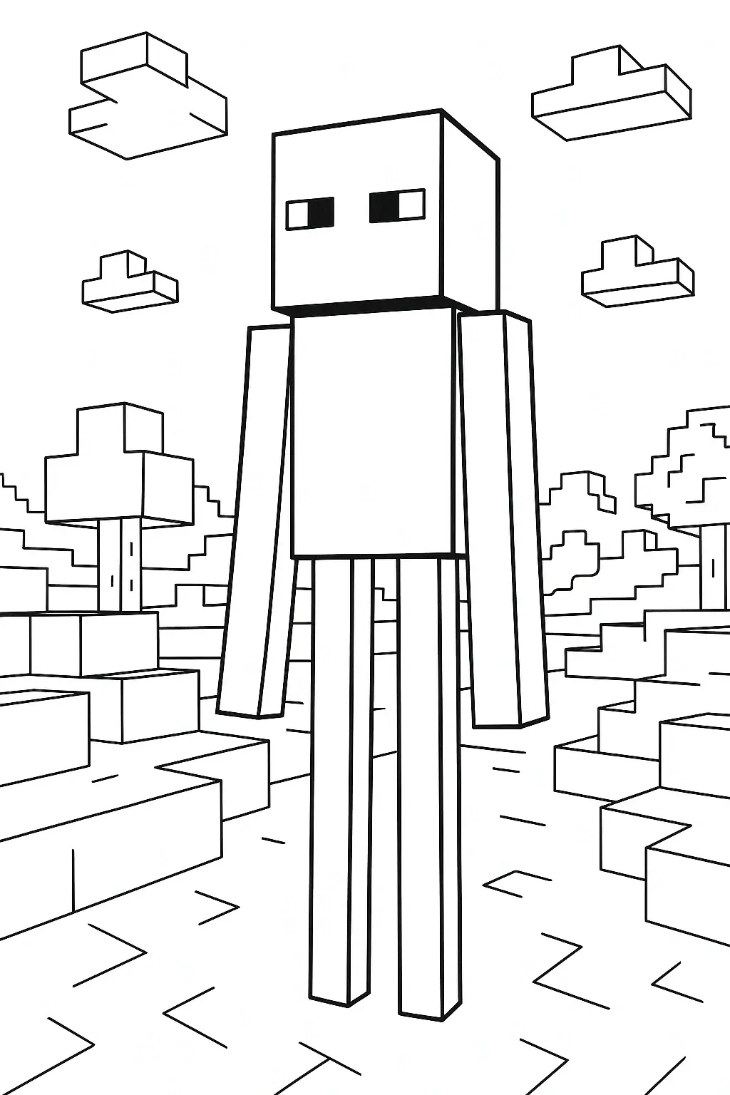 Omalovánka postavy Endermana v prostředí Minecraftu – černobílá kontura, vhodná pro vybarvení.