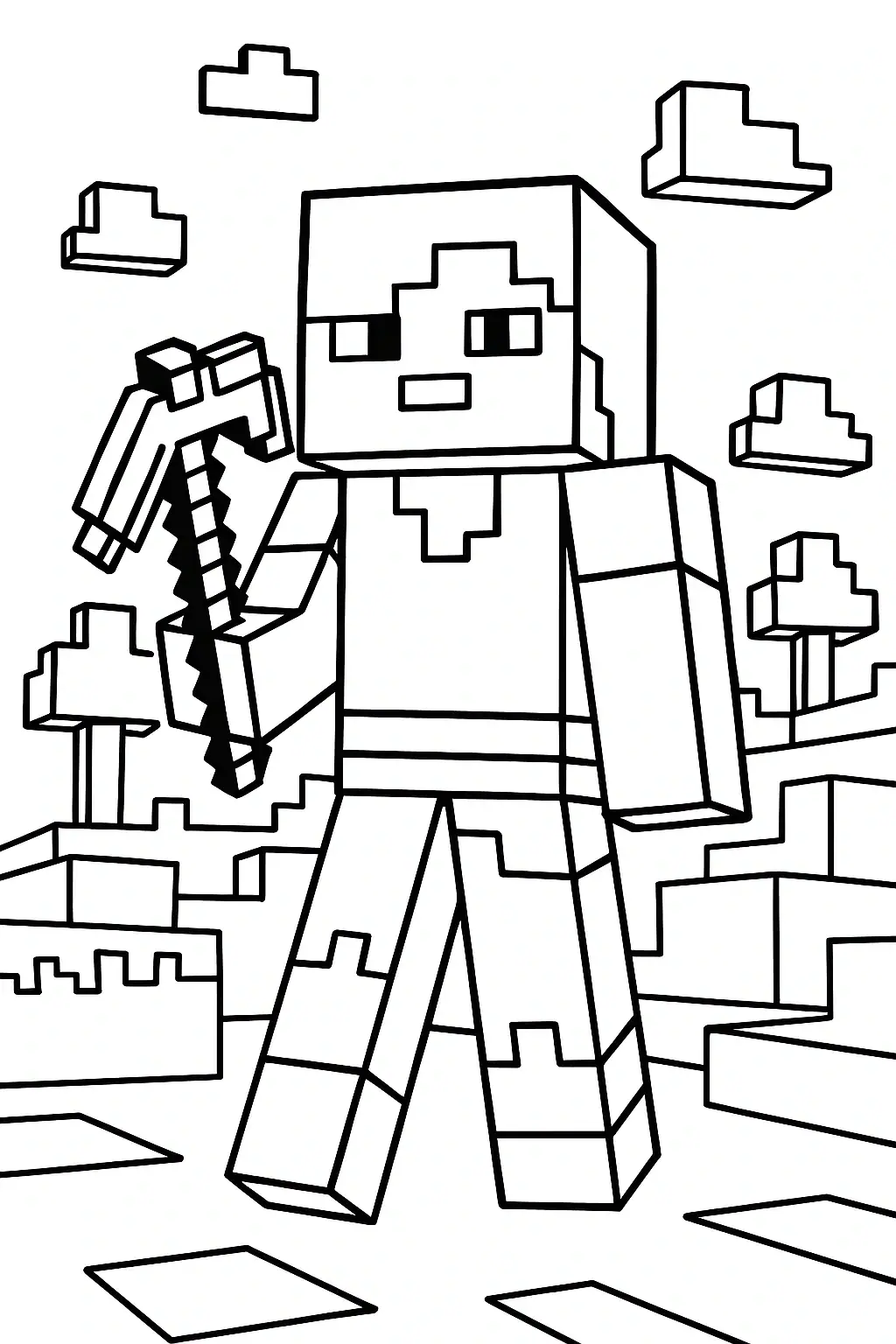 Omalovánka postavy Alex z Minecraftu v černobílém provedení pro vybarvování