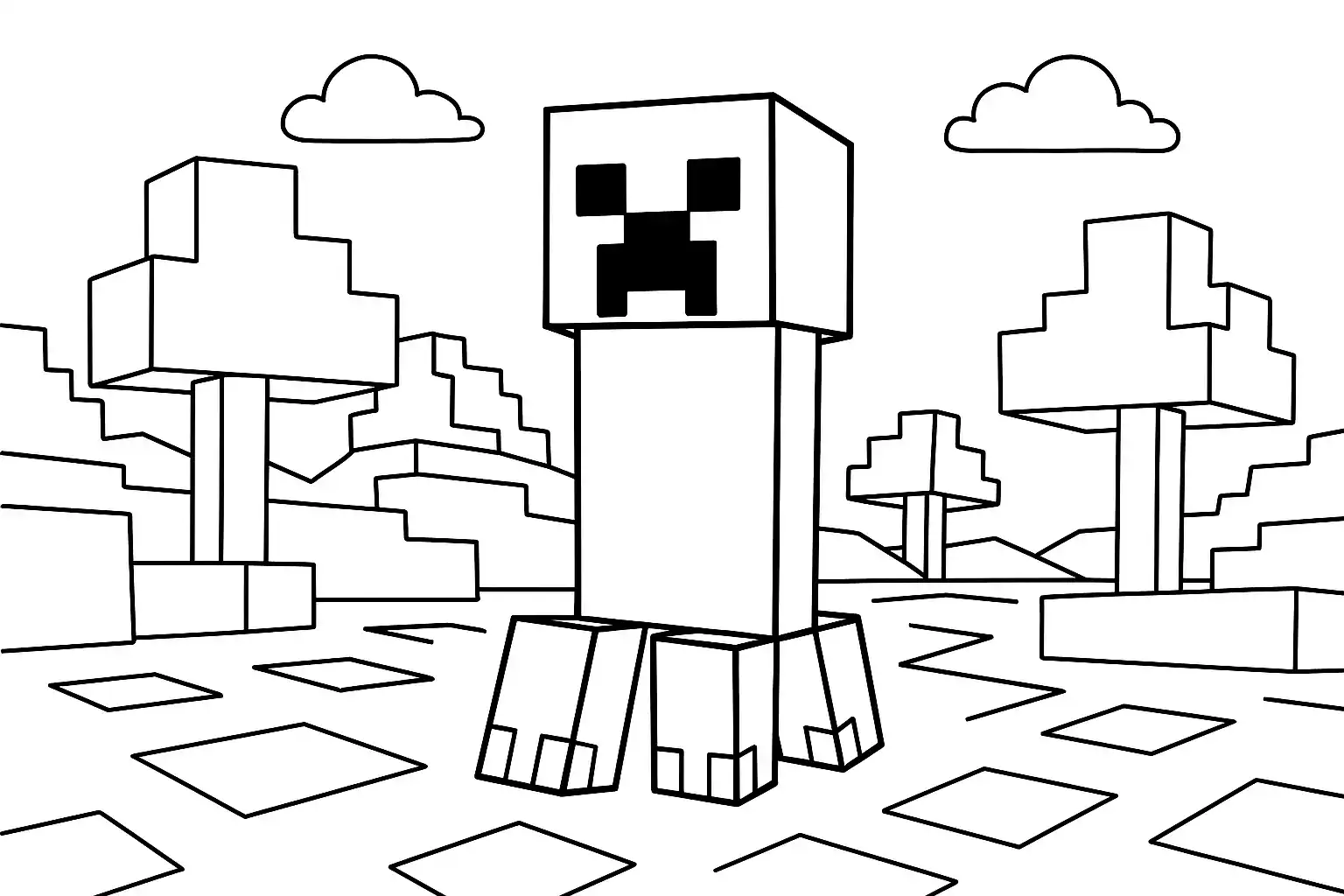 Černobílá omalovánka Minecraft Creepera – stylizovaná postava z populární hry
