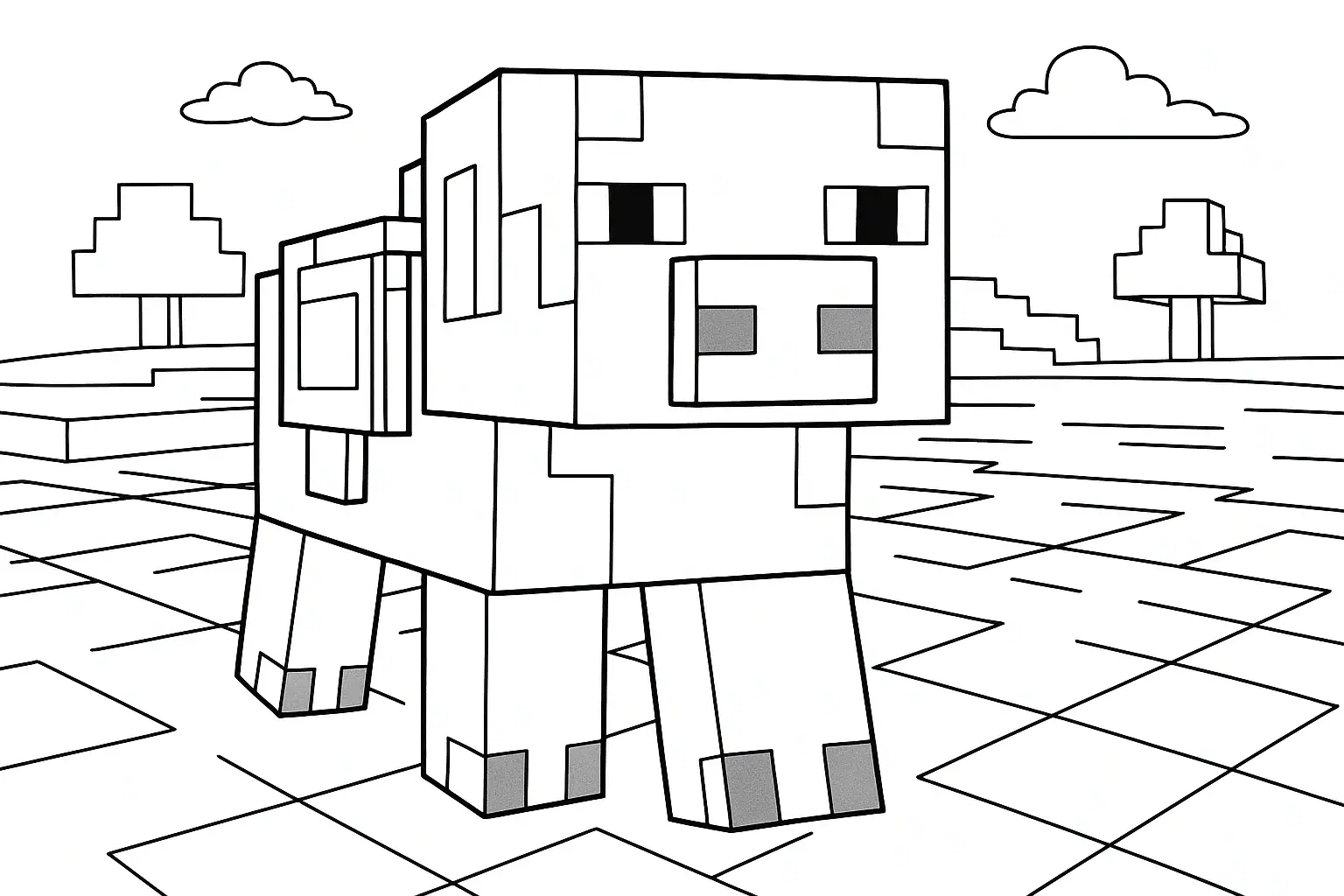 Omalovánka Minecraft prasátko Reuben – černobílý obrázek k vybarvení