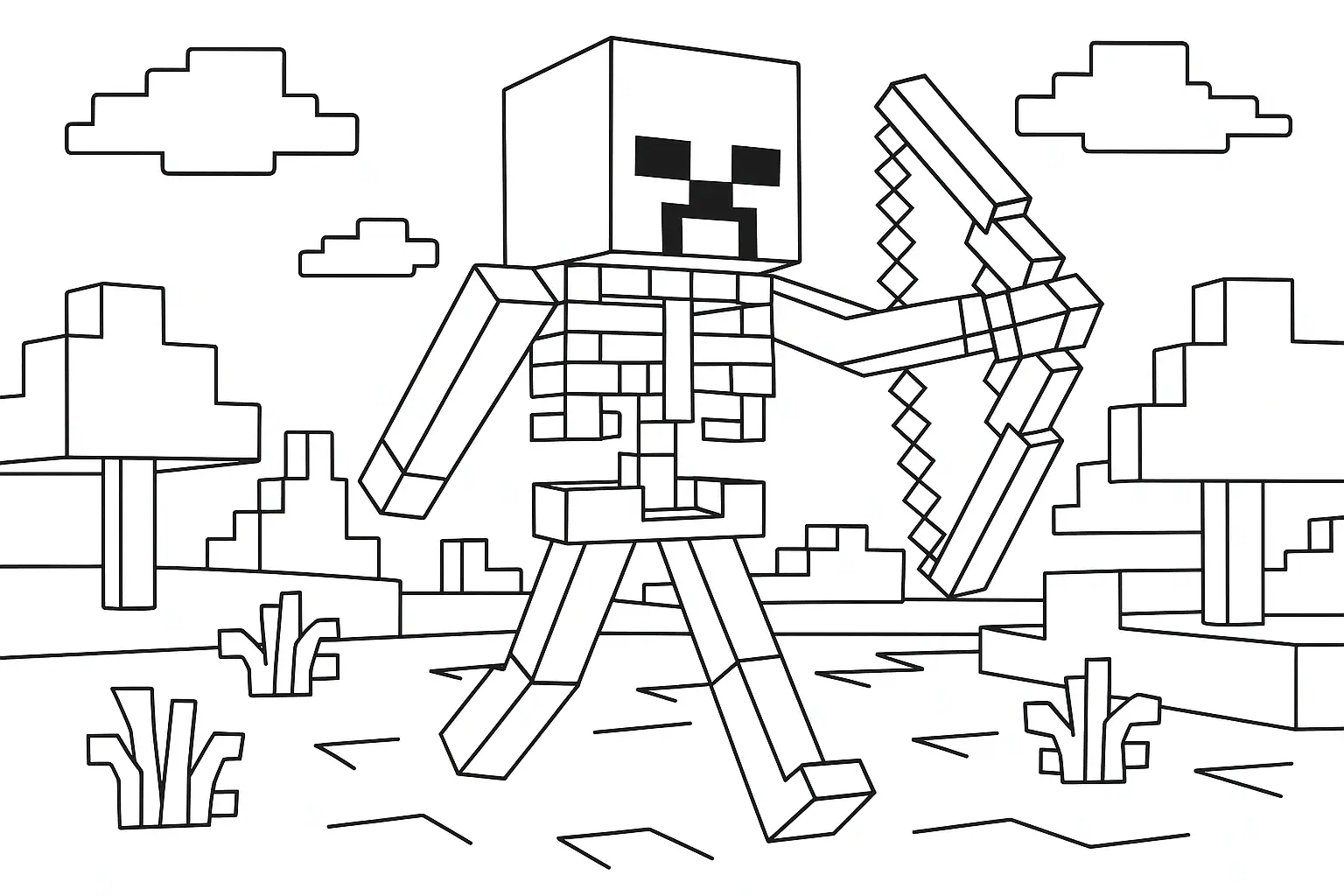 Omalovánka Minecraft Sceleton – černobílá ilustrace postavy s lukem ve formátu A4 na šířku