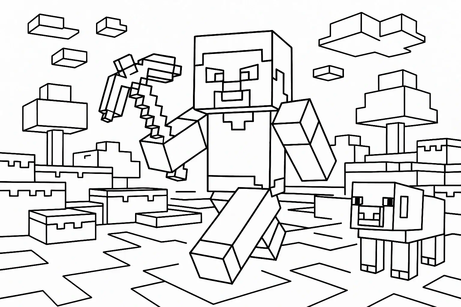 Omalovánka Steve z Minecraftu připravený s krumpáčem v kostičkované krajině