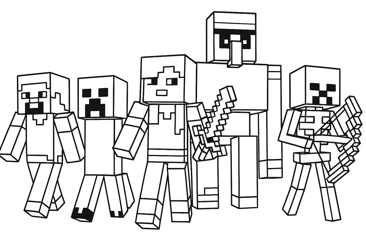 Omalovánka s několika postavami z Minecraftu ve formátu A4 na šířku