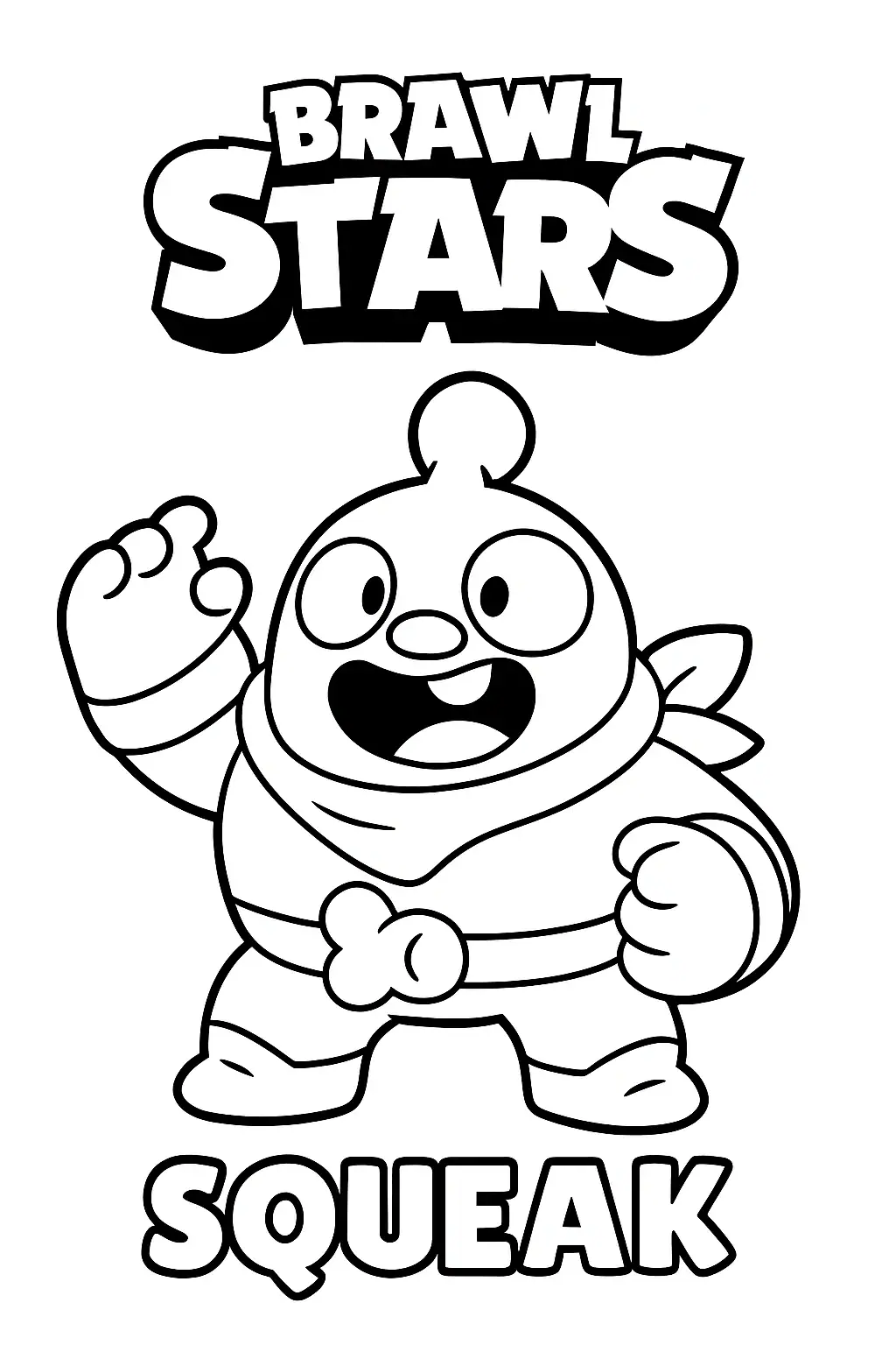 Černobílá omalovánka postavičky Squeak ze hry Brawl Stars, připravená k vybarvení.