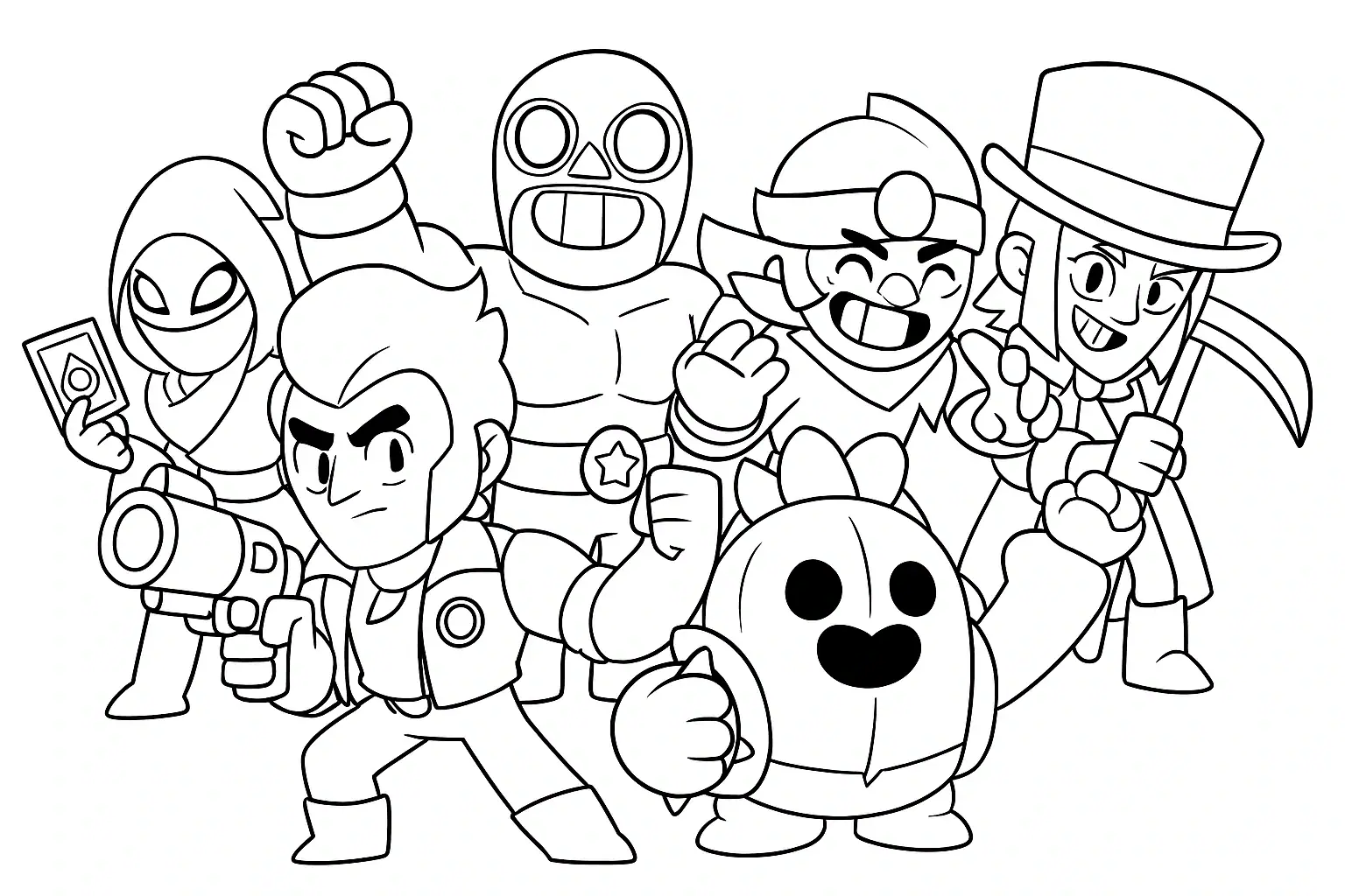 Černobílá omalovánka s týmem postaviček ze hry Brawl Stars ve stylizovaném bojovém postoji