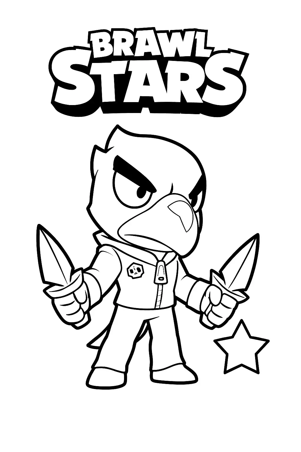 Černobílá omalovánka postavy Crow ze hry Brawl Stars s dýkami, formát A4 na výšku