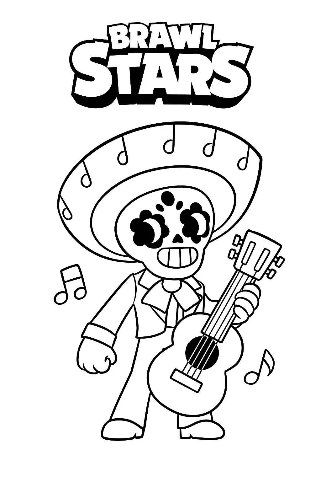 Černobílá omalovánka postavy Poco ze hry Brawl Stars s kytarou a sombrerem, formát A4 na výšku