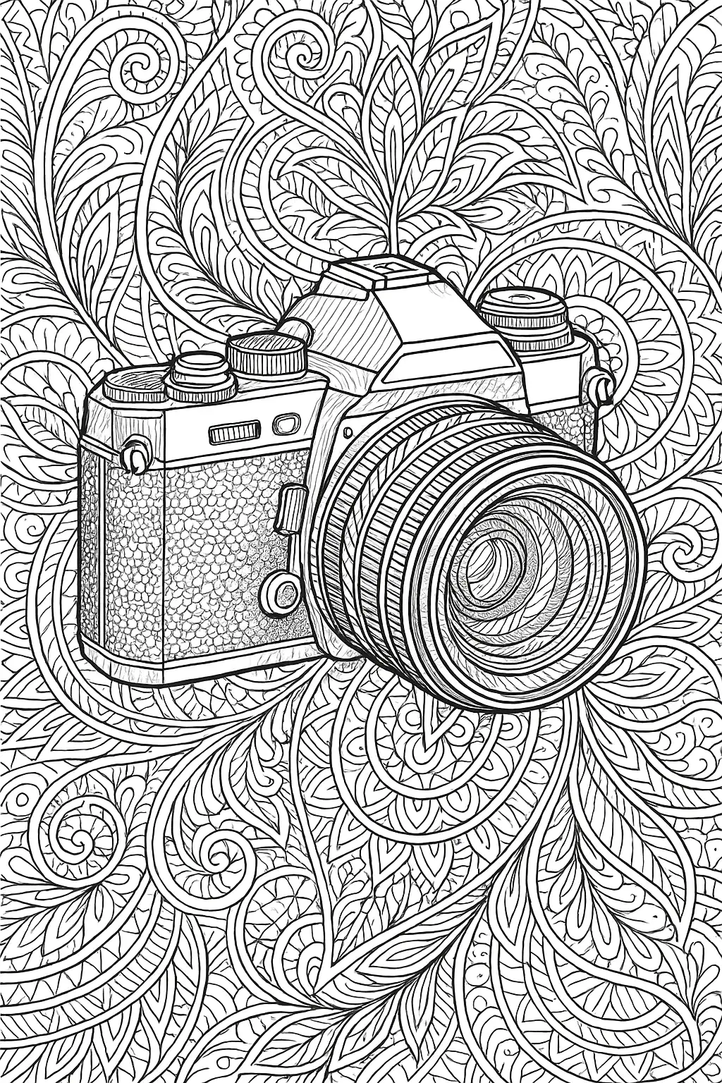Detailní černobílá omalovánka starého vintage fotoaparátu pro dospělé ve formátu A4 na šířku, složitá čárová kresba s důrazem na technické detaily.