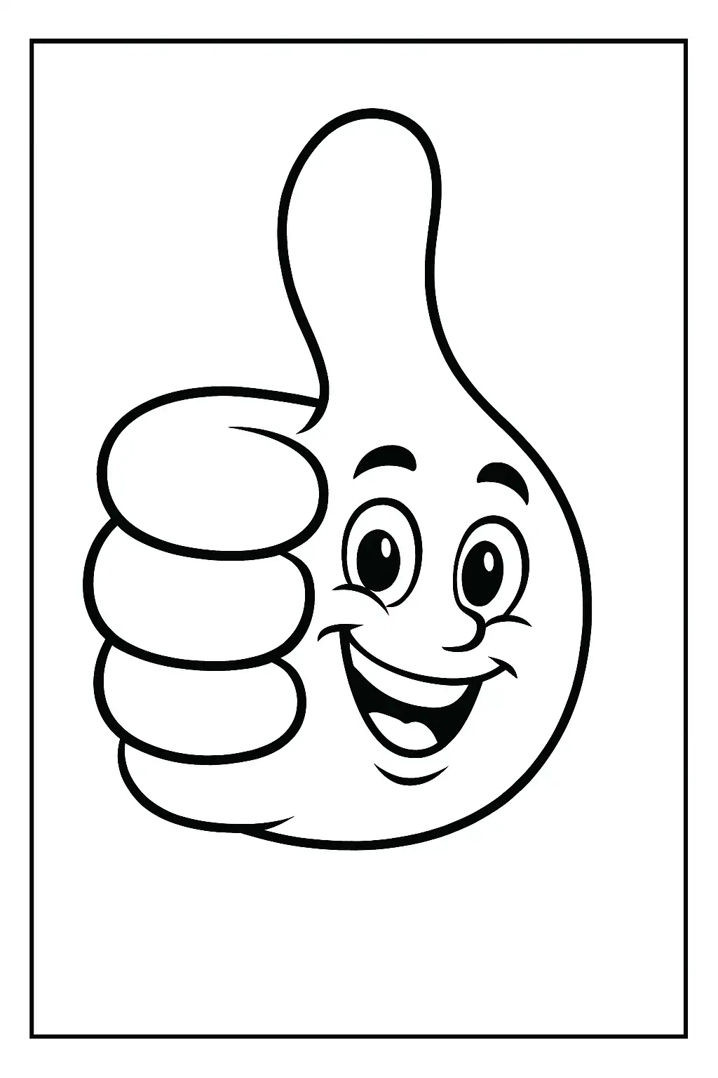 Černobílá omalovánka s kresleným palcem nahoru, který má oči a úsměv, ale žádné nohy. Zábavná postavička ve stylu emoji k vybarvení.