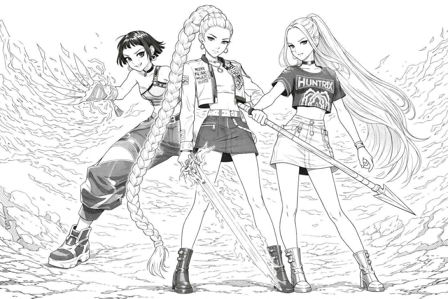 Černobílá omalovánka Huntrix – Rumi, Mira a Zoey jako bojovnice vedle sebe, A4 na šířku