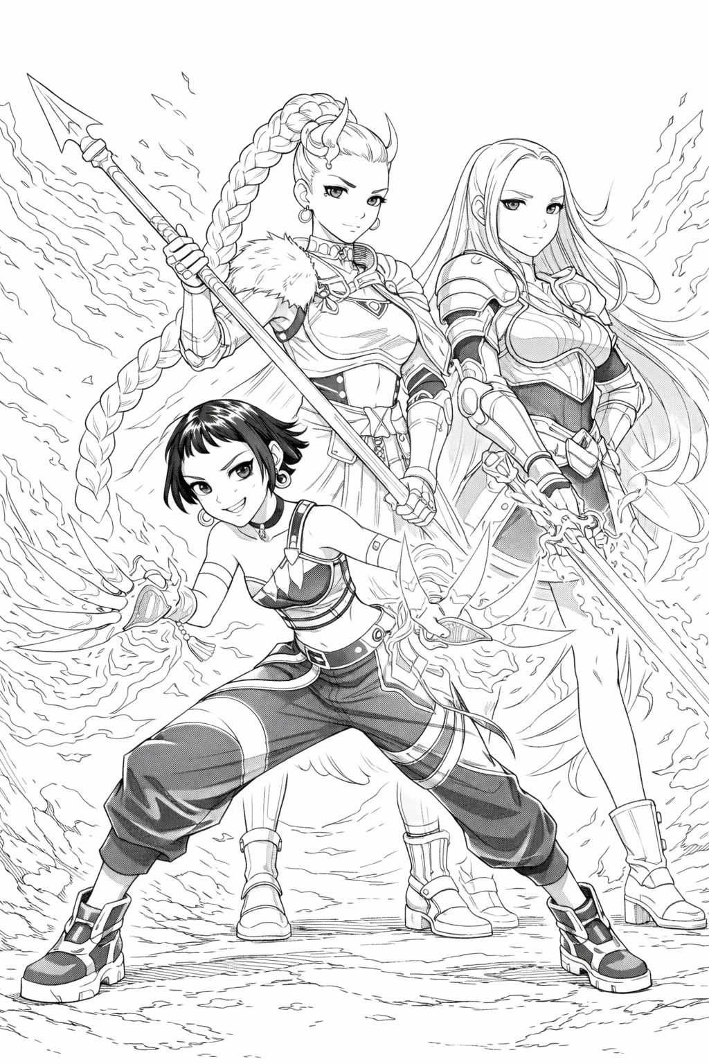 Černobílá omalovánka Huntrix – Rumi, Mira a Zoey v novém oblečení, A4 na výšku