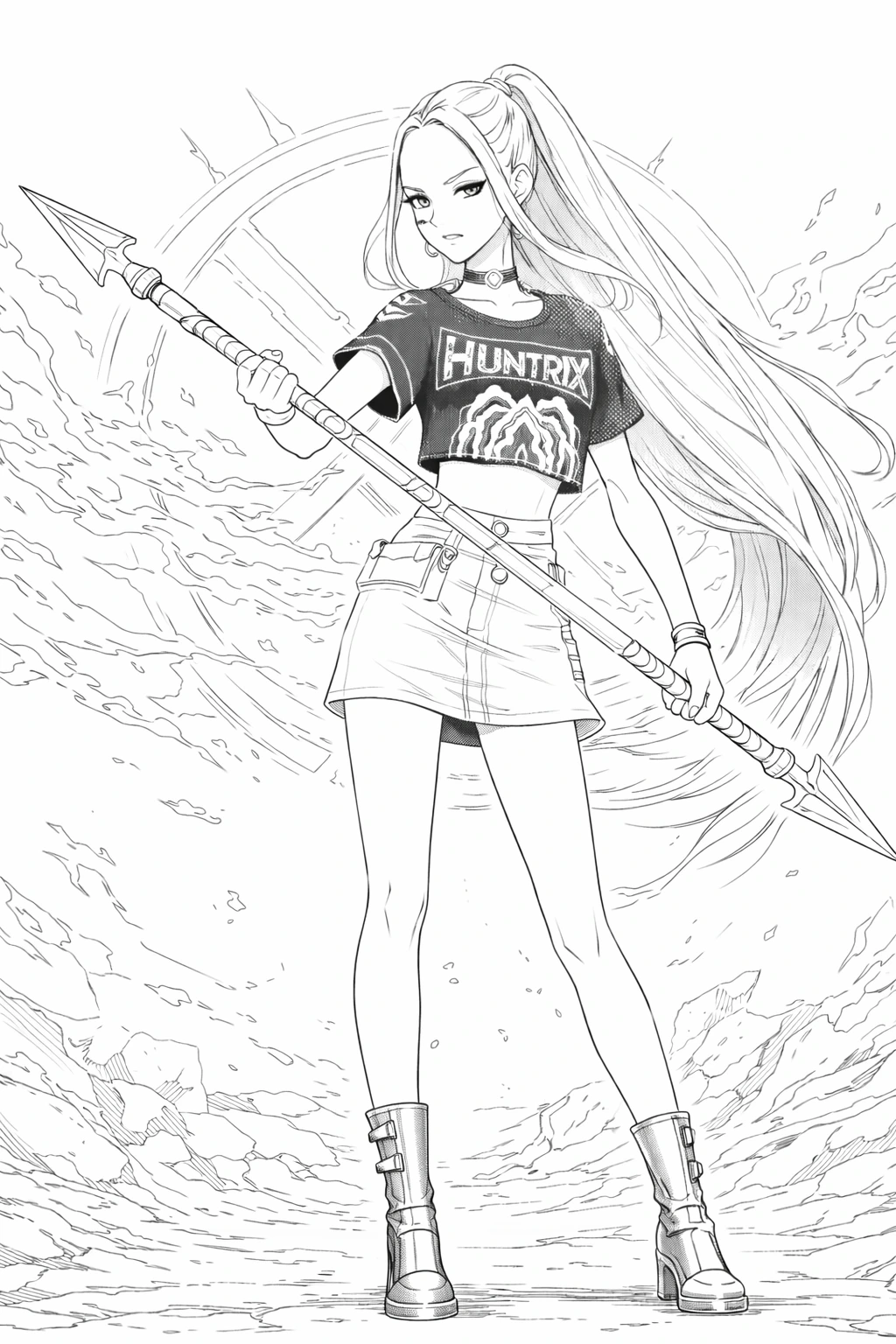 Černobílá omalovánka Mira z Huntrix s dlouhými vlasy a oboustranným kopím, A4 na výšku