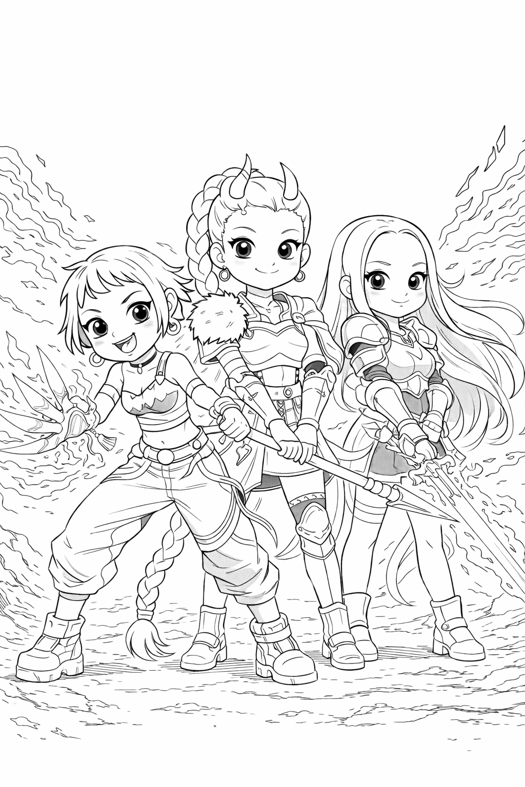 Jednoduchá černobílá omalovánka Huntrix – Rumi, Mira a Zoey v roztomilém stylu, A4 na výšku