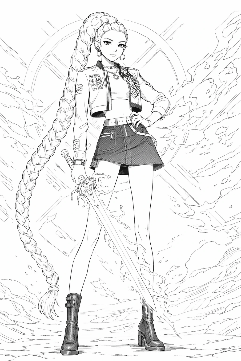 Černobílá omalovánka Rumi z Huntrix jako bojovnice s dlouhým copem a mečem, A4 na výšku
