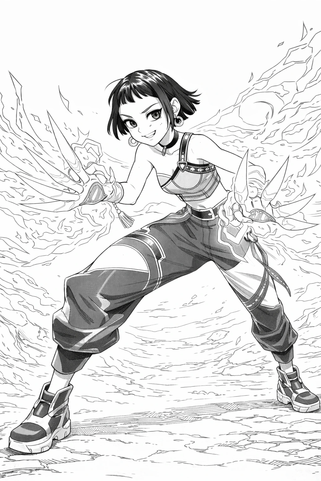 Černobílá omalovánka Zoey z Huntrix s krátkými vlasy a energetickými drápy, A4 na výšku