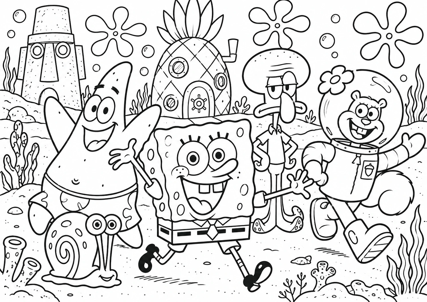 Černobílá omalovánka SpongeBoba, Patrika, Sépiáka, Sandy a šneka Garyho před domy v podmořském městě Zátiší bikin.