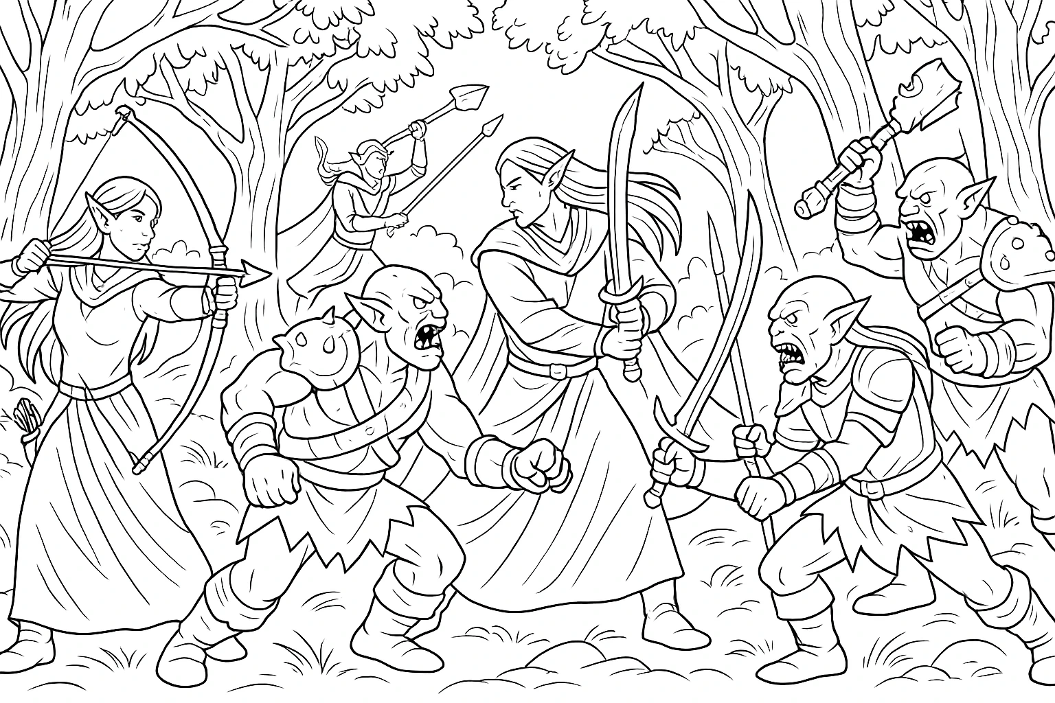 Černobílá omalovánka elfů bojujících se skřety v dramatické fantasy bitvě na otevřeném poli